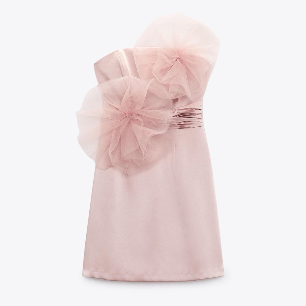 Zara Blush Satin Pink One-Shoulder Mini Dress with Tulle Rosettes